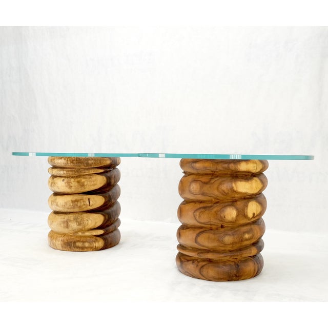 Pair solid carved wood cylinder shape bases 3/4" round glass top end side tables stands.