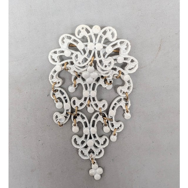 Metal Vintage 1970s Signed Monet Goldtone White Enamel Dangle Brooch For Sale - Image 7 of 7