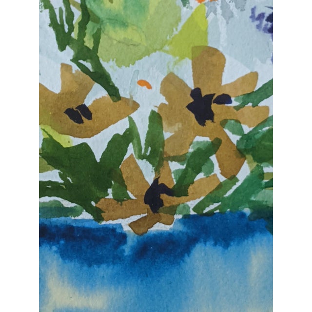 Vintage Original Still Life Flowers in a Blue Vase Botanical Watercolor Painting Signed For Sale - Image 4 of 12