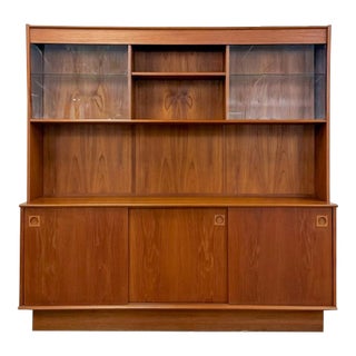 MCM Teak 2 Piece China Cabinet Sliding Doors Shelves Vintage Buffet Storage For Sale