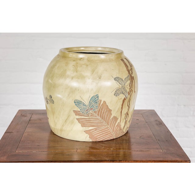Japanese Japanese Antique Mustard Glaze Ceramic Planter with Incised Butterfly Decor For Sale - Image 3 of 12