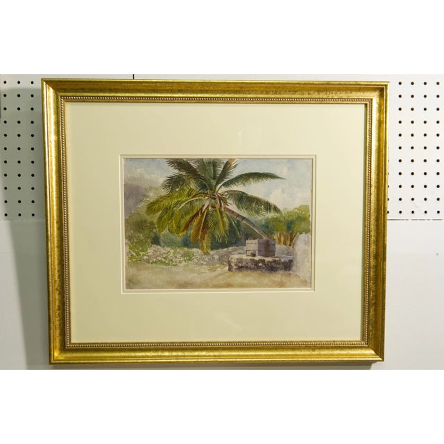 Gilt Framed Antique Watercolor Painting of Tropical Scene For Sale In Louisville - Image 6 of 6