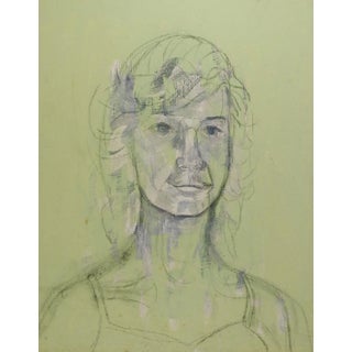 Mid Century Green & Gray Portrait Painting of Woman For Sale