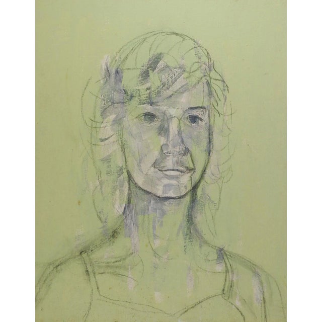 Mid Century Green & Gray Portrait Painting of Woman For Sale