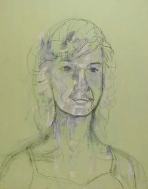 Mid Century Green & Gray Portrait Painting of Woman
