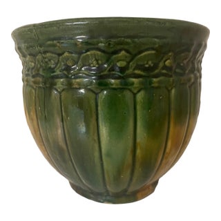 1920s McCoy Art Nouveau Majolica Jardiniere Arts & Crafts Green Pottery Planter For Sale