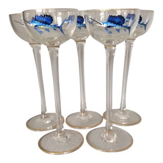 Antique Enameled Cordial Glasses With Swordfish Motif For Sale