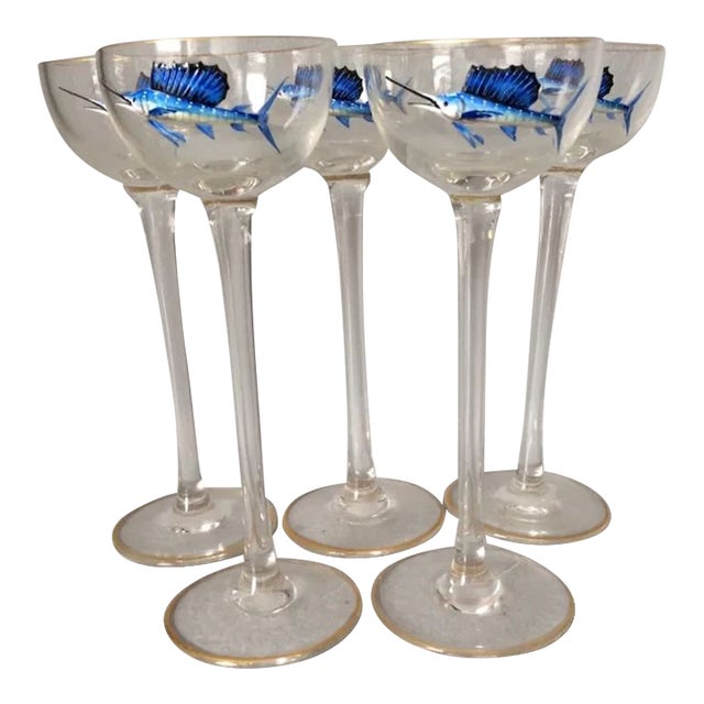 Antique Enameled Cordial Glasses With Swordfish Motif For Sale