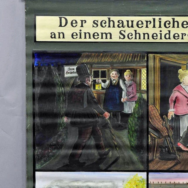 a rare hand painted wall decoration chart showing a murder ballad. Used to illustrate a steet Ballard in which, pictures...