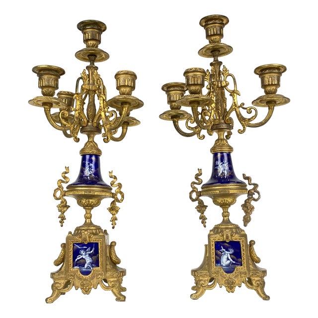 Gilt Bronze and Sèvres Porcelain Candleholders, Set of 2 For Sale