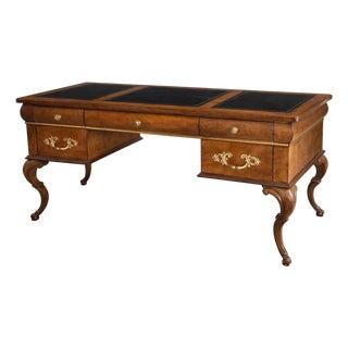 Late 20th Century Queen Anne Style Burl Wood Executive Desk With Tooled Leather Writing Surface For Sale