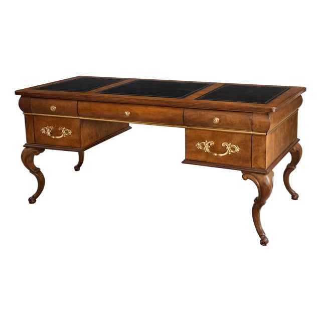 Late 20th Century Queen Anne Style Burl Wood Executive Desk With Tooled Leather Writing Surface For Sale