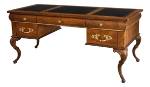 Late 20th Century Queen Anne Style Burl Wood Executive Desk With Tooled Leather Writing Surface