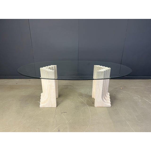 Exquisite travertine dining table in the Style of Carlo Scarpa's Samo dining table. Beautiful architectural piece made of...