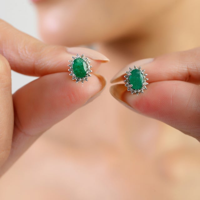 0.48 CTW Oval-Cut Emerald Halo Diamond Stud Earrings in Silver- 2 Pieces For Sale - Image 6 of 10