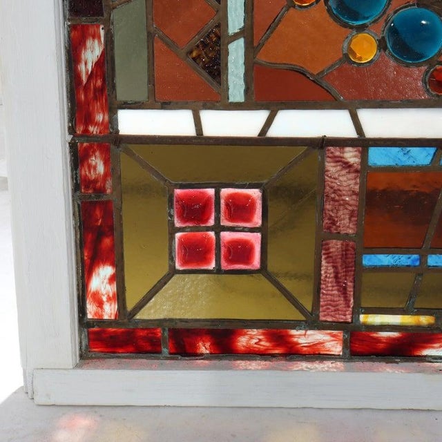 Antique Aesthetic Stained & Jeweled Leaded Glass Window With Stylized Globe For Sale - Image 11 of 16