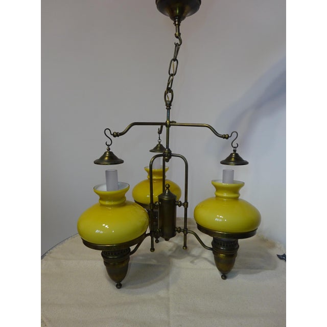 1970s Large Vintage Three-Light Chandelier in Brass, Iron, and Glass, 1970s For Sale - Image 5 of 16