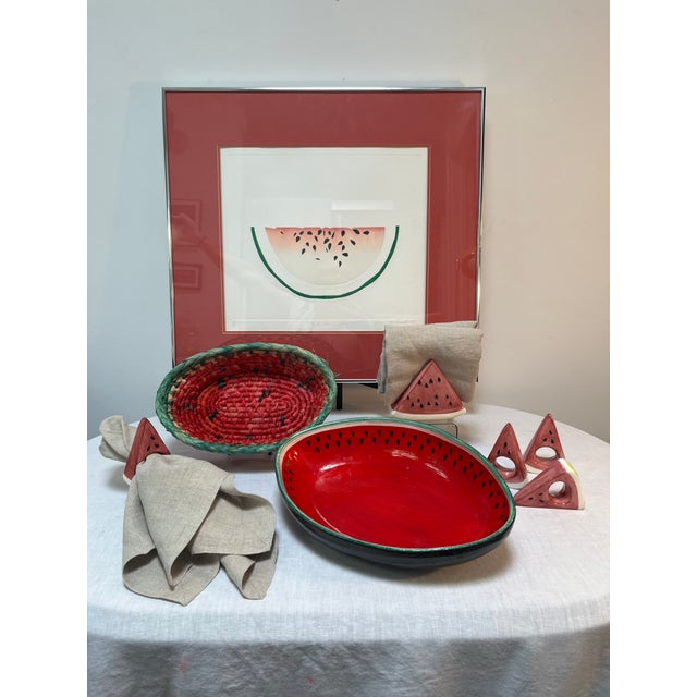 Ceramic 1980’s Trompe-l'Oeil Ceramic Watermelon Wedge Napkin Rings and Holder- Set of 5 For Sale - Image 7 of 9