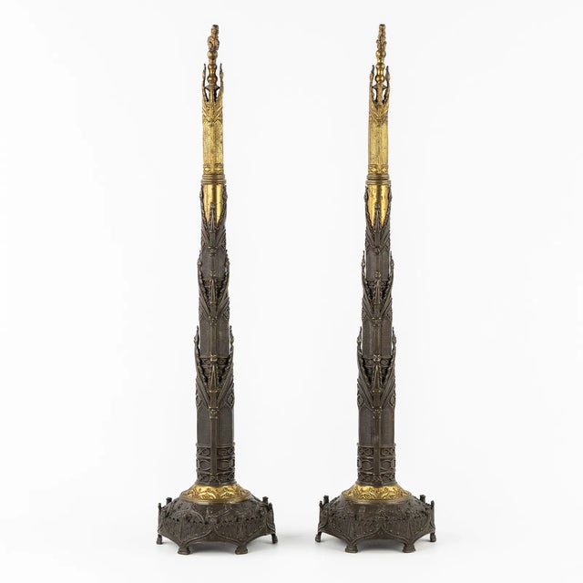 Pair of Antique Victorian Gothic Revival Gilt & Patinated Bronze Chimney Ornaments For Sale - Image 4 of 8