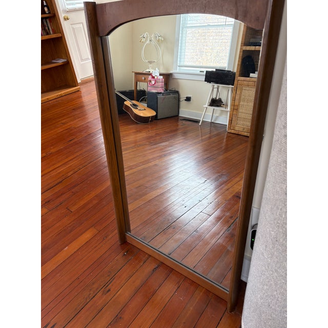 Vintage MCM Walnut Framed Arched Top Hanging Wall Mirror For Sale - Image 4 of 8