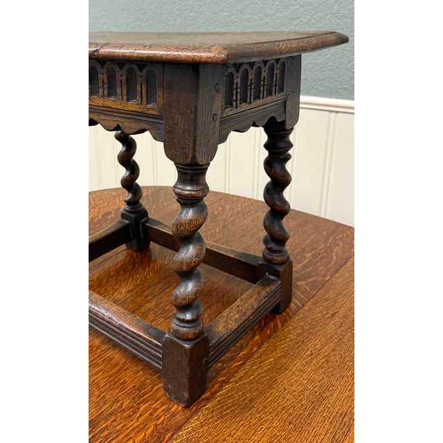 Antique English Footstool Bench Stool Joint Stool Barley Twist Carved Oak c.1900 For Sale - Image 12 of 16