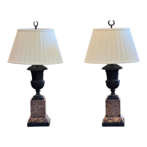 1950s Pair of Bronze and Marble Urn Lamps