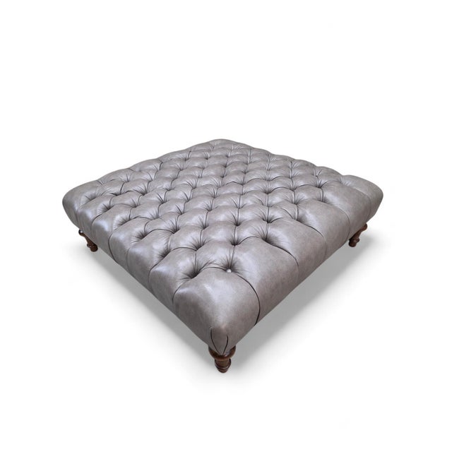 Mid 20th Century Vintage Chesterfield Style Tufted Gray Leather Ottoman For Sale - Image 5 of 9