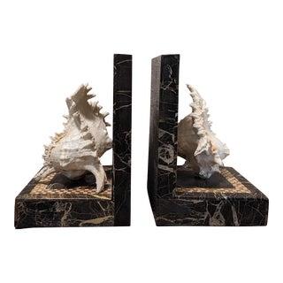 Vintage Stone Bookends Checkered With Conch Shells- a Pair For Sale