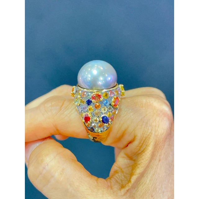 Bochic “Capri” Multi Sapphire & Tahiti Pearl Ring Set In 18K Gold & Silver For Sale - Image 12 of 12