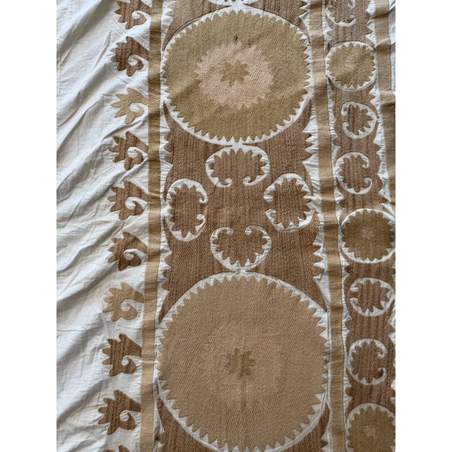 Hand-Embroidered Large Neutral Tan Suzani Coverlet For Sale - Image 9 of 11