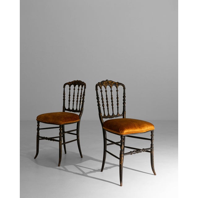 1880s French Napoleon III Chiavari Chairs In Ebonized Wood & Upholstery - A Pair For Sale - Image 18 of 18