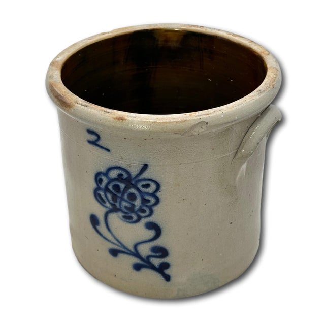 Blue Antique American 2 Gallon Stoneware Storage Crock With Beautiful Hand Decorated Blue Flower Design Circa Mid 1800s For Sale - Image 8 of 18