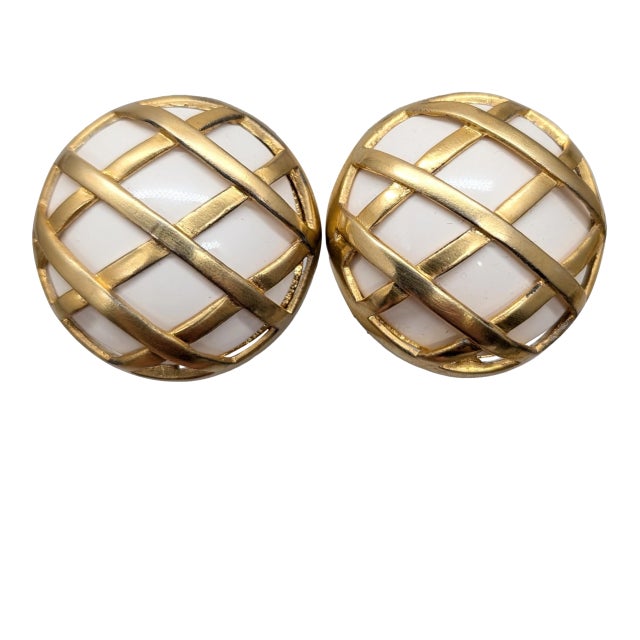 Vintage Signed Ugo Correani Italy Goldtone Round Domed White Cabochon Caged Clip Earrings-2 Pieces For Sale
