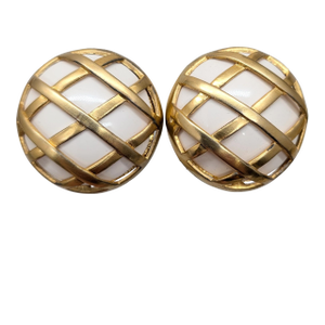 Vintage Signed Ugo Correani Italy Goldtone Round Domed White Cabochon Caged Clip Earrings-2 Pieces