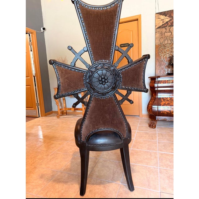 Iron Cross Gothic Accent Chair in Brown Velvet and Leather With Nailhead Trim For Sale In San Antonio - Image 6 of 8
