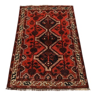 Shiraz Rug 3’5” X 4’11” Red Wool Vintage Tribal Hand-Knotted Oriental Carpet For Sale