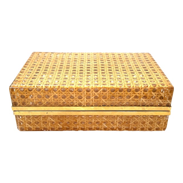 Vintage Dior Vienna Straw/Cannage Lucite Brass Box Large For Sale