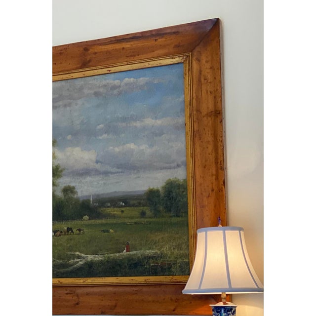 Wood Traditional Pastoral Landscape Oil Painting in a Rustic Pine Frame / English Country Side Scene For Sale - Image 7 of 7