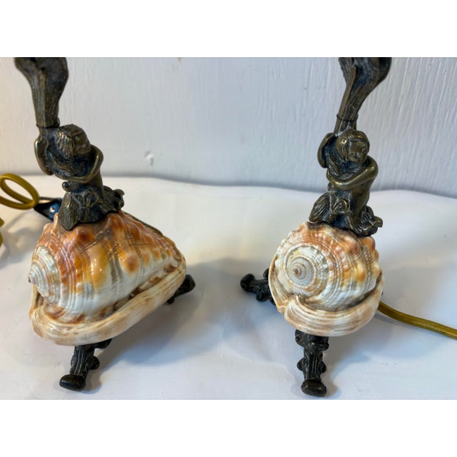 Vintage Art Nouveau Bronze Figural and Shell Lamps- A Pair For Sale - Image 4 of 9
