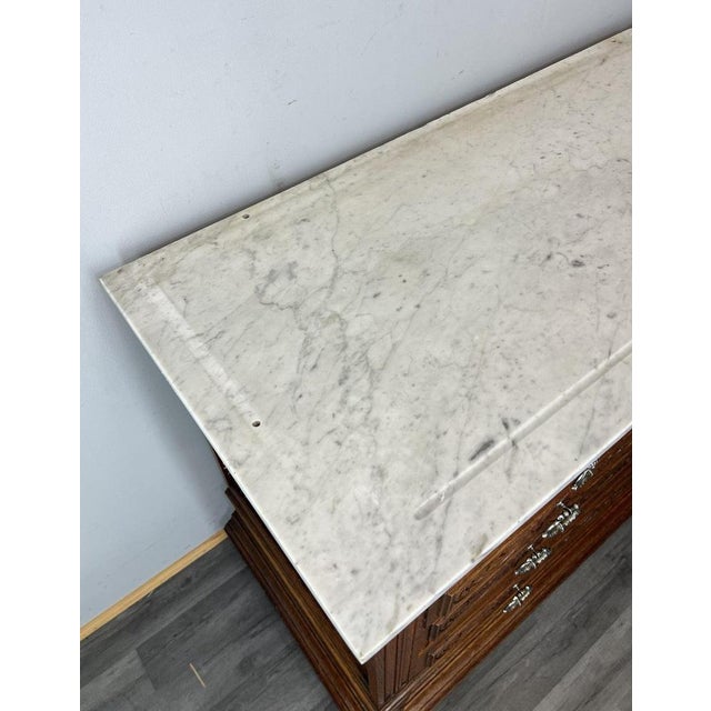 Antique French Style Carved Oak Chest of Drawers with Marble Top For Sale - Image 12 of 18