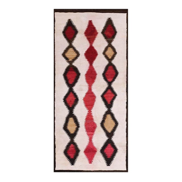 1930s White Geometric Antique American Navajo Rug 2' 10" X 6' 4" Flatweave Wool Carpet For Sale