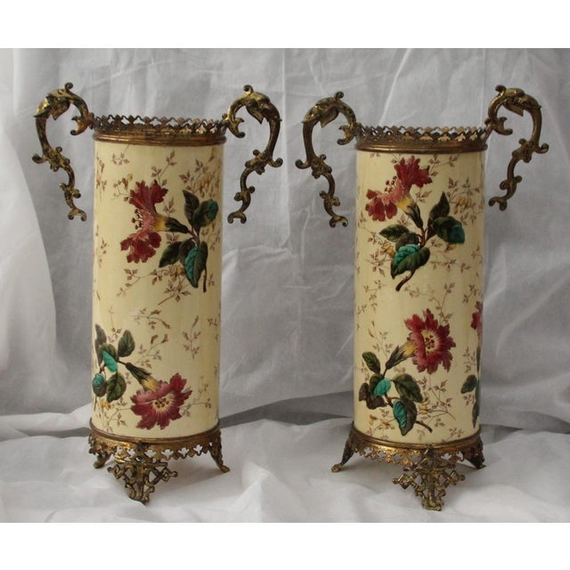 Yellow Ceramic & Bronze Vases with Floral Decor, 1930s, Set of 2 For Sale - Image 4 of 18