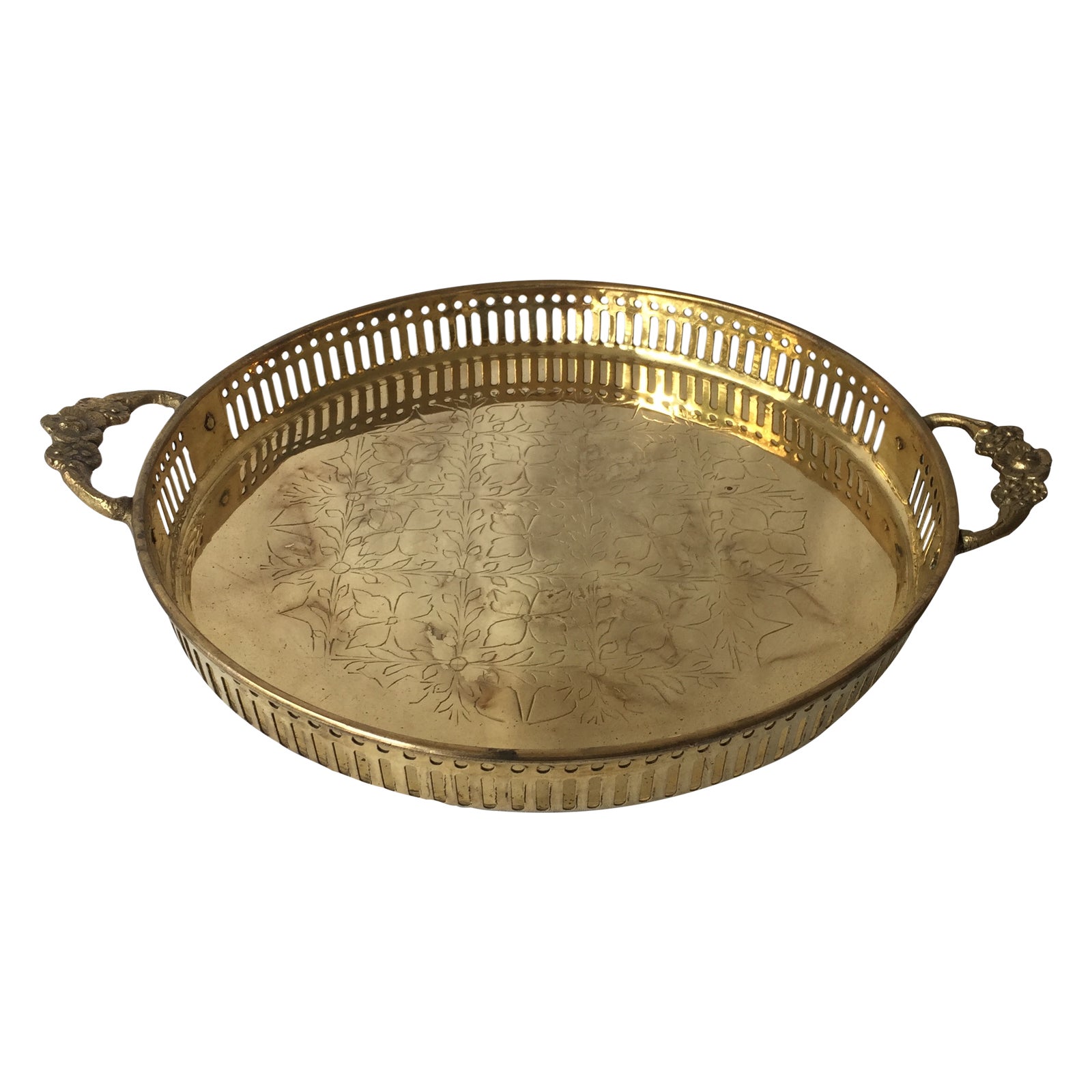 Vintage Brass Tray with Floral Handles Chairish