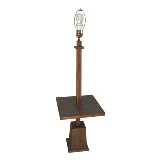 Adirondack Style Ranch Oak Floor Lamp With Tile Table 3-Way Light For Sale