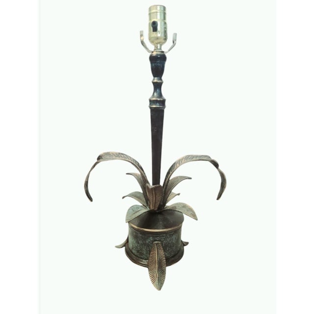 Metal Vintage Maitland Smith Style Cast Iron Palm Tree Pot Striped Shade Table Lamp For Sale - Image 7 of 11