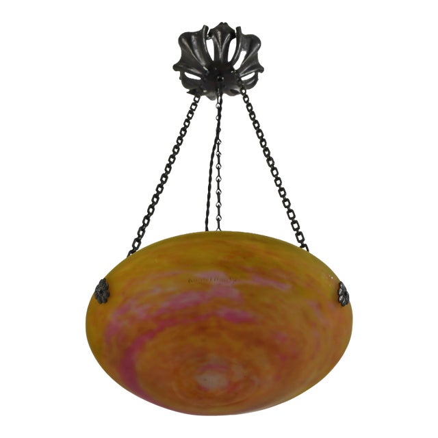 Daum & Majorelle French Art Deco Pendant Light 1920s - Orange Glass & Wrought Iron For Sale