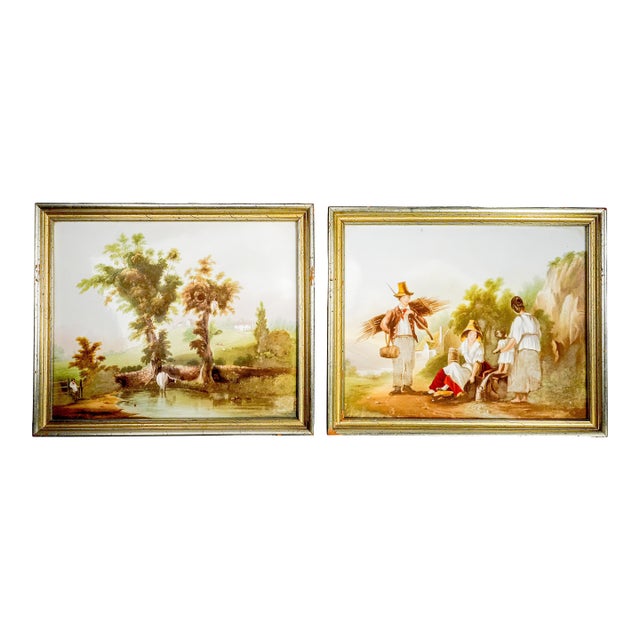 Pair Antique 19th Century Hand Painted Porcelain Plaques Rustic Victorian Pastoral Country Farm Scenes Wall Home Decor Art For Sale