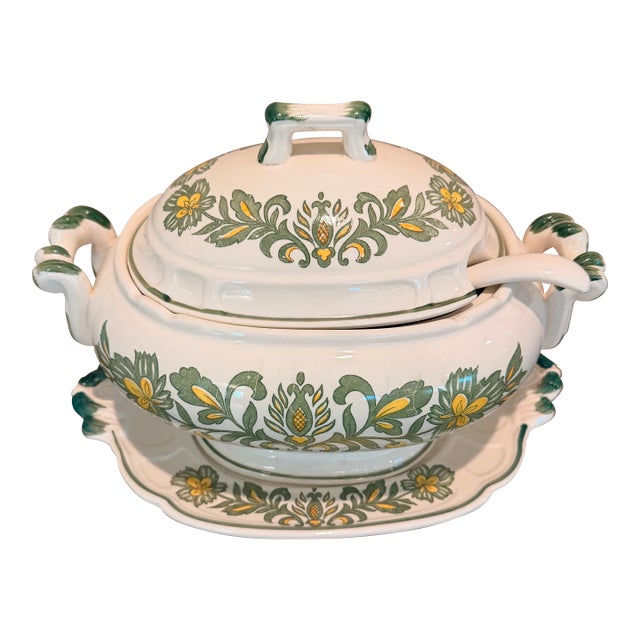Vintage Green & Yellow Floral Faience Soup Tureen With Underplate and Ladle For Sale