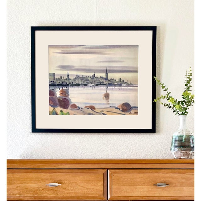 Aleksander Pilar Signed Original Watercolor, European Harbor Cityscape, Framed Uv Conservation For Sale - Image 4 of 4