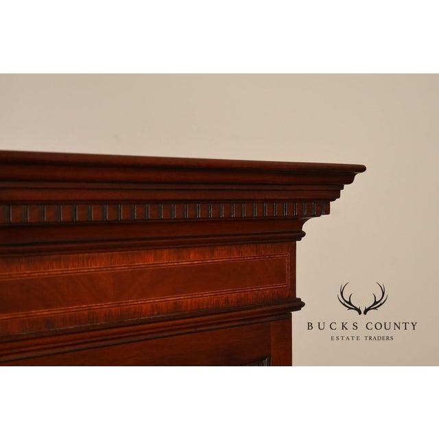 Late 20th Century Karges English Style Mahogany Breakfront China Cabinet Display Bookcase with Carved Pediment and Silk Backing For Sale - Image 5 of 18